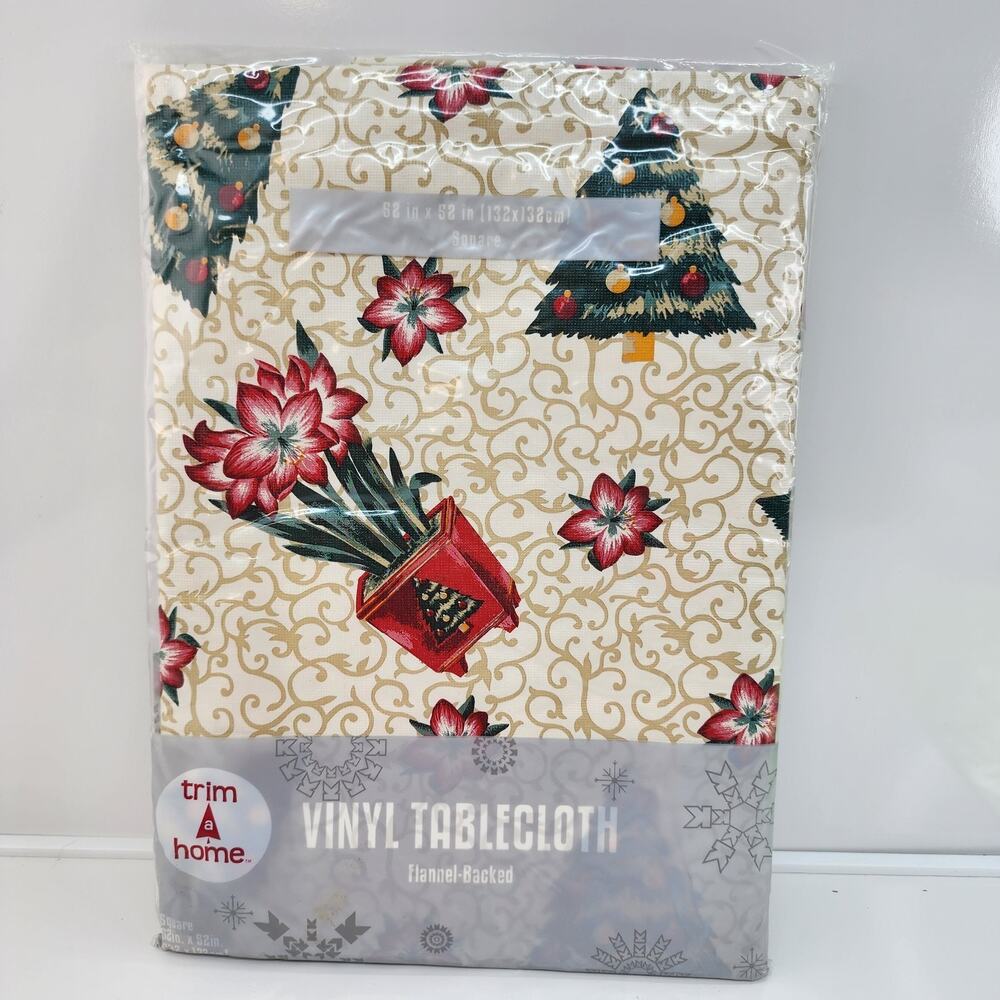 NOS Vintage Kmart Christmas Tablecloth Vinyl Flannel Back Poinsettia 52x52 Seale